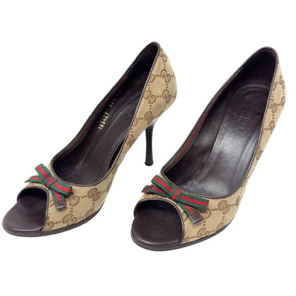 Gucci Heels GG Guccissima Supreme Canvas Red Green Web Ophidia Bow Peep Toe 36.5 - Picture 2 of 9